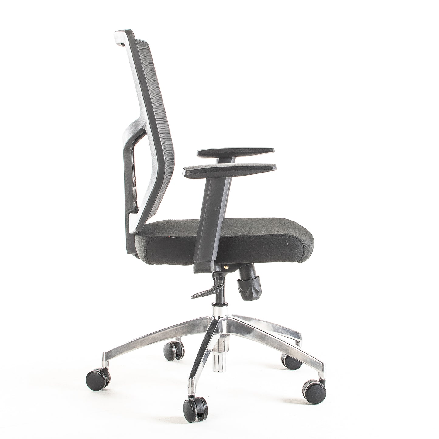 Silla operativa ergonómica reclinable con respaldo de malla BIT-1 vista lateral.