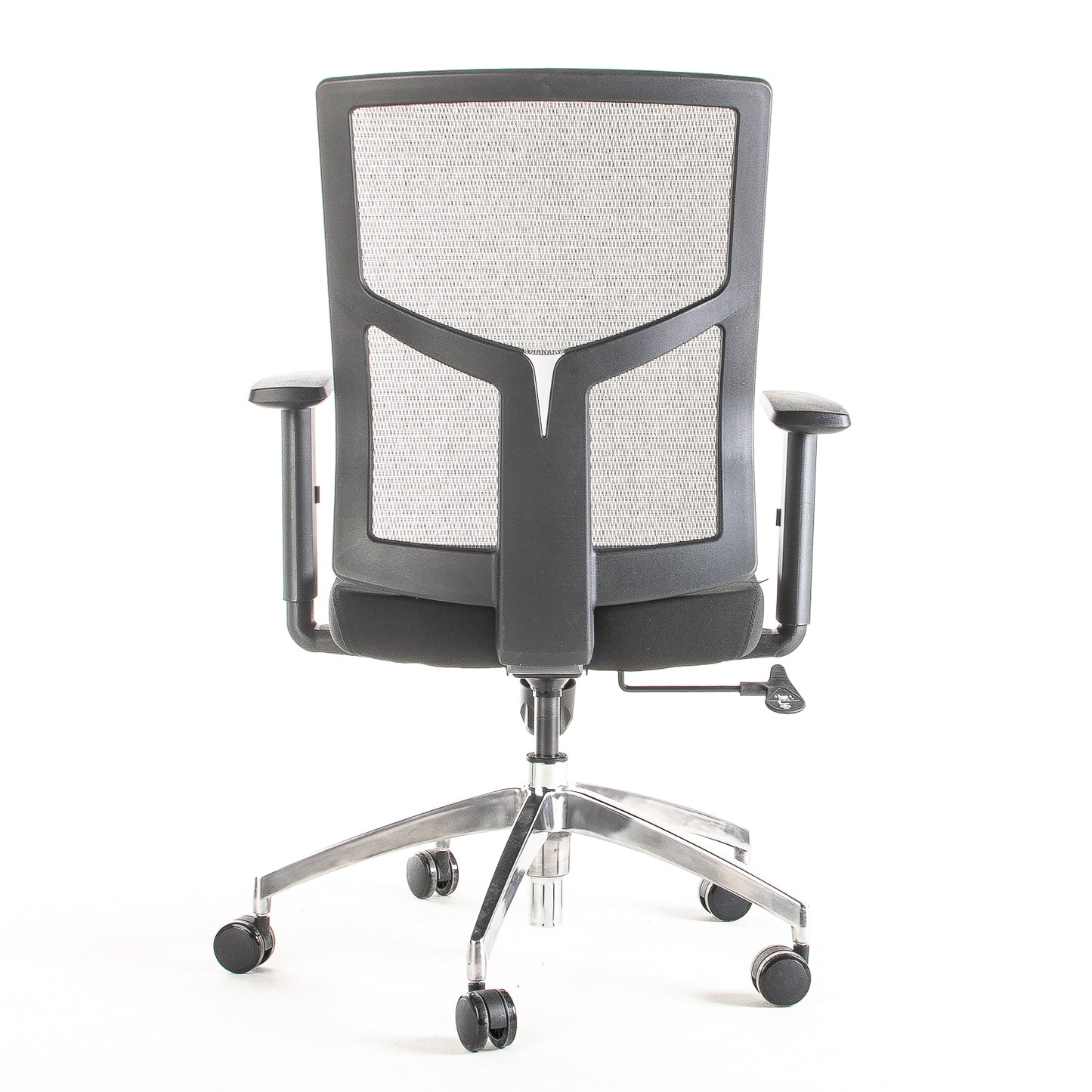 Silla operativa ergonómica reclinable con respaldo de malla BIT-1 vista trasera.