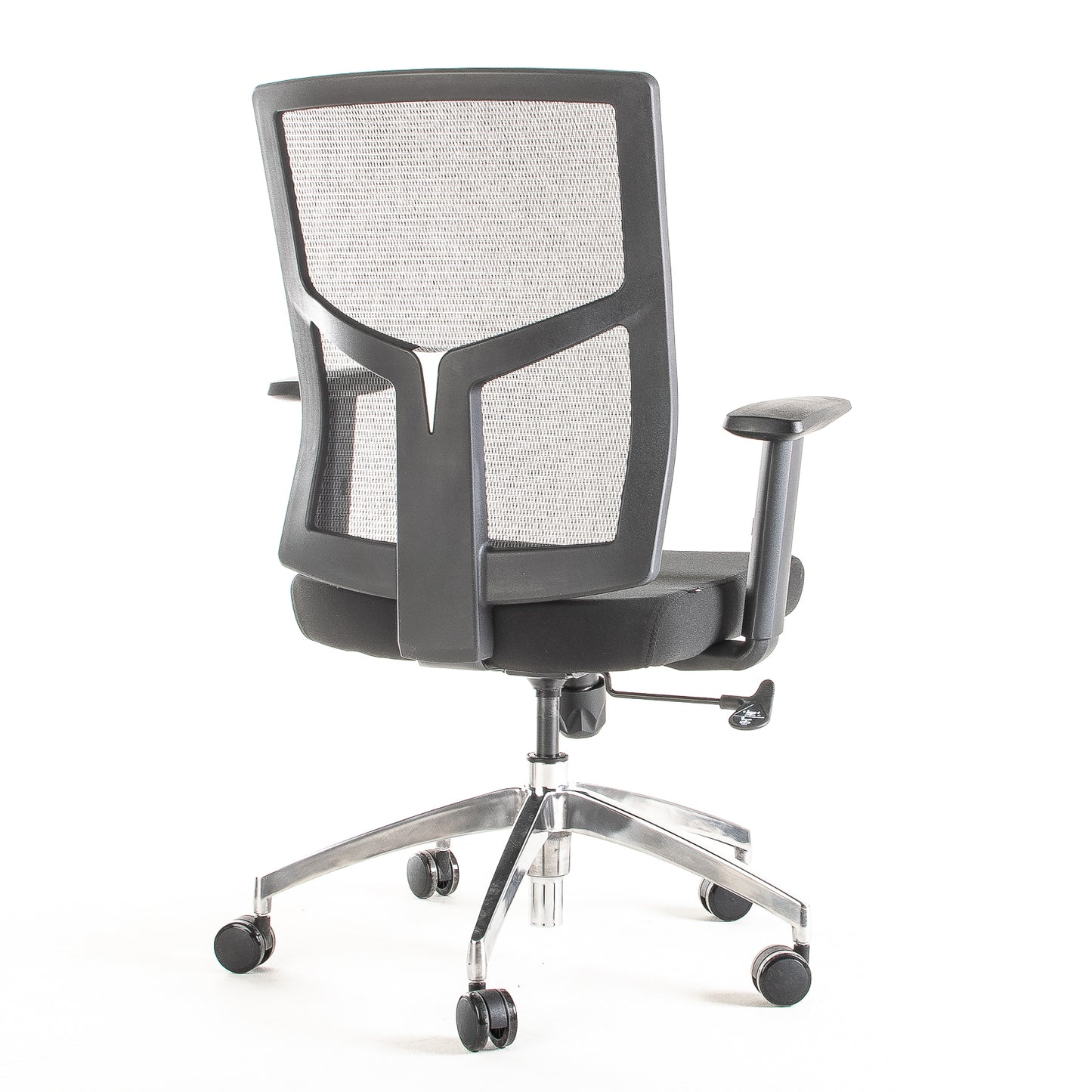 Silla operativa ergonómica reclinable con respaldo de malla BIT-1 vista escorso trasera.