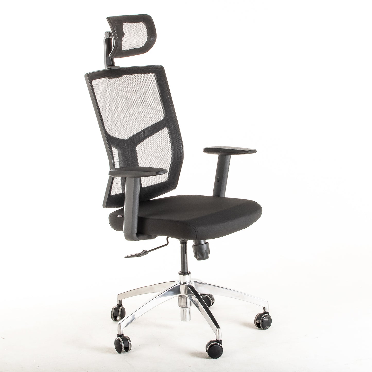 Silla operativa ergonómica reclinable con respaldo de malla BIT-1 con Cabecero vista escorso.