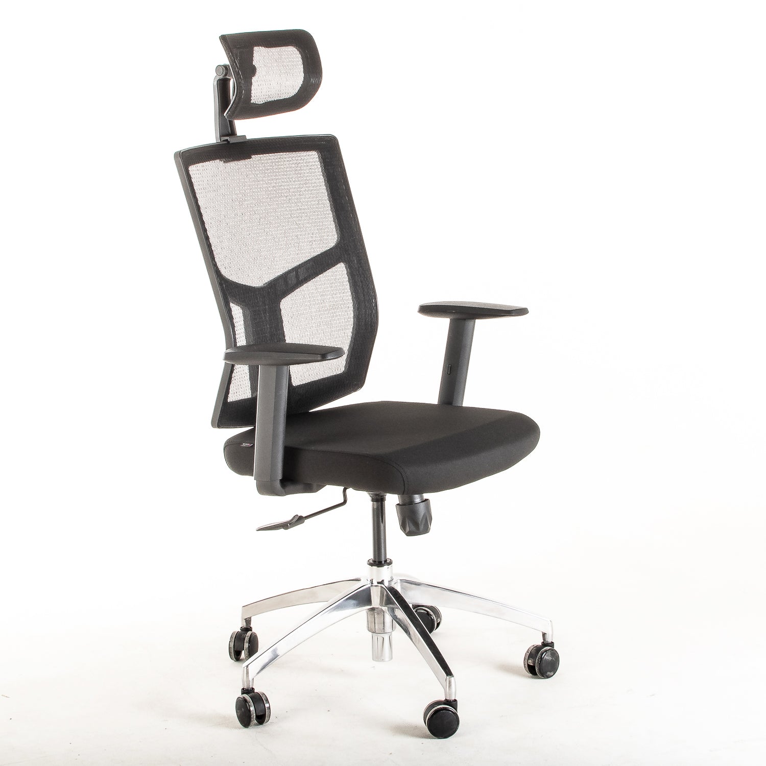 Silla operativa ergonómica reclinable con respaldo de malla BIT-1 con Cabecero vista escorso.