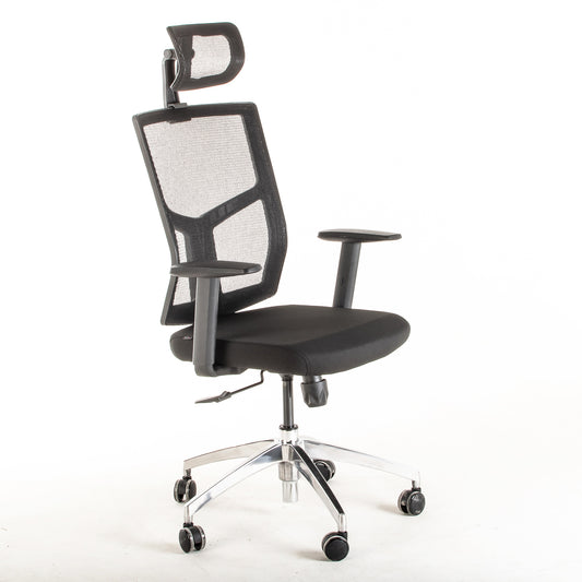 Silla operativa ergonómica reclinable con respaldo de malla BIT-1 con Cabecero vista escorso.