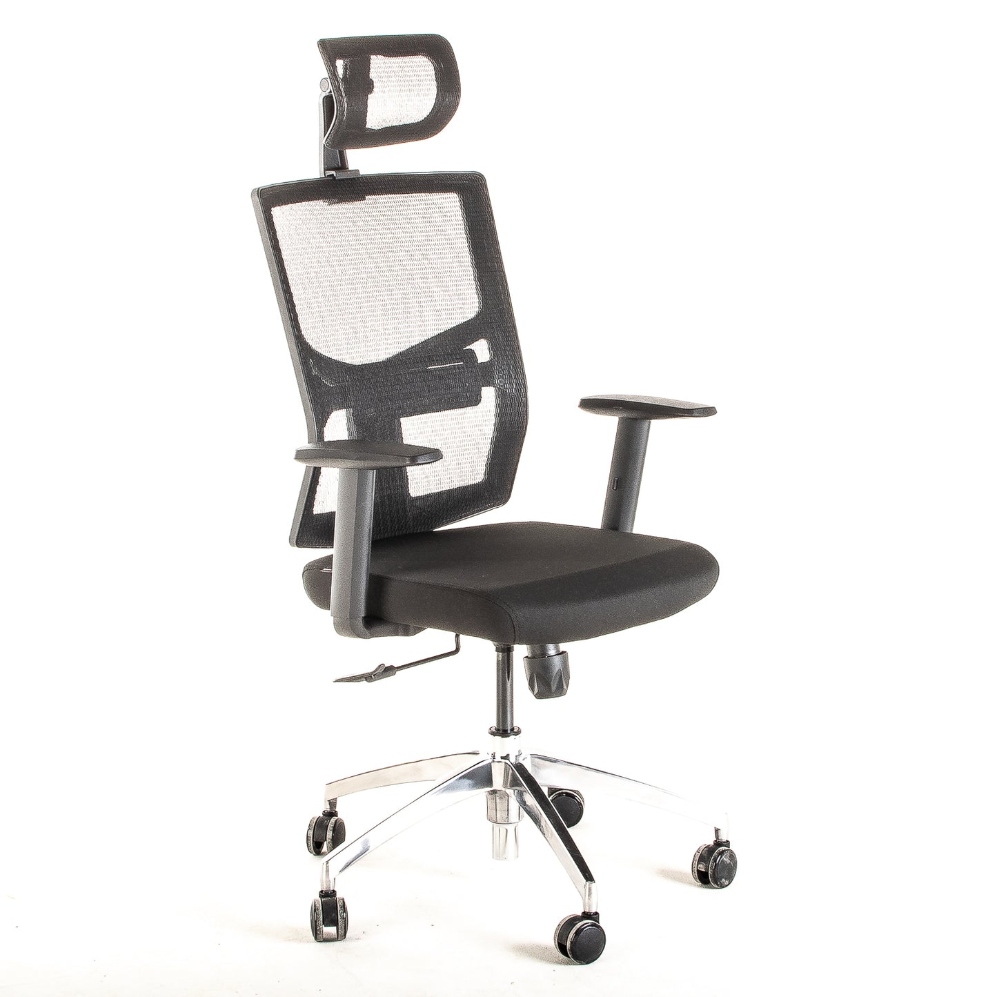 Silla operativa ergonómica reclinable con respaldo de malla BIT-1 con Cabecero y Apoyo Lumbar Regulable vista escorso.