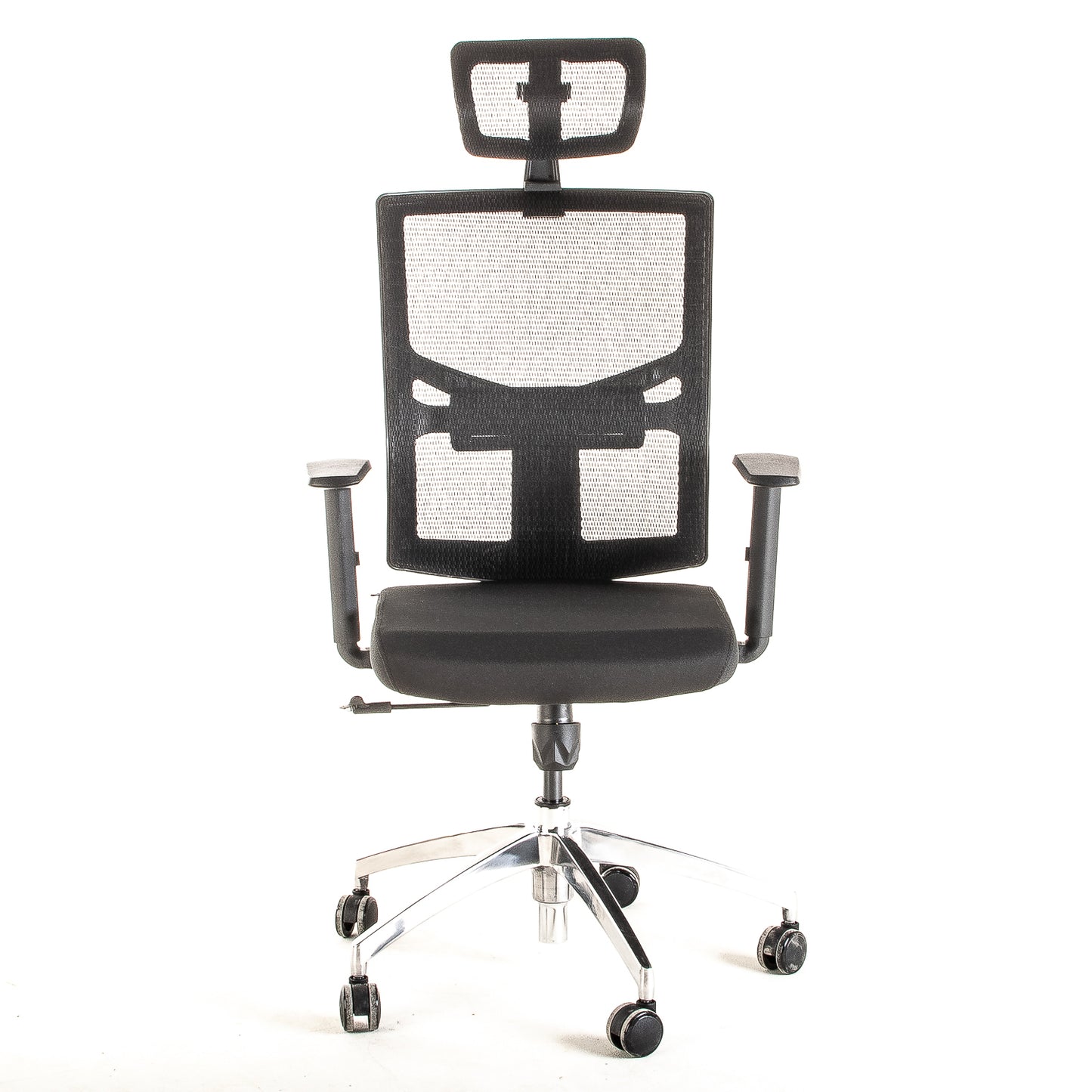 Silla operativa ergonómica reclinable con respaldo de malla BIT-1 con Cabecero y Apoyo Lumbar Regulable vista frente.