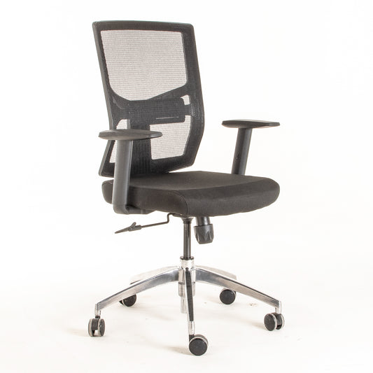 Silla operativa ergonómica reclinable con respaldo de malla BIT-1 con Apoyo Lumbar Regulable vista escorso.