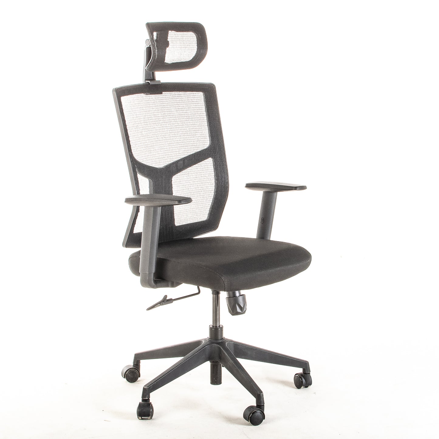Silla operativa ergonómica reclinable con respaldo de malla BIT-2 con Cabecero vista escorso.