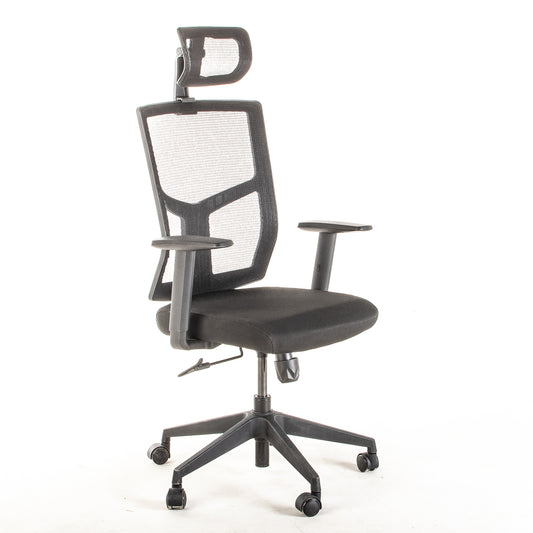 Silla operativa ergonómica reclinable con respaldo de malla BIT-2 con Cabecero vista escorso.