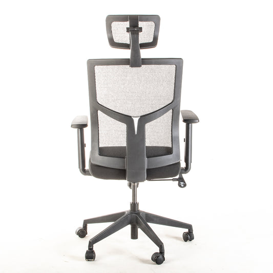 Silla operativa ergonómica reclinable con respaldo de malla BIT-2 con Cabecero vista trasera.