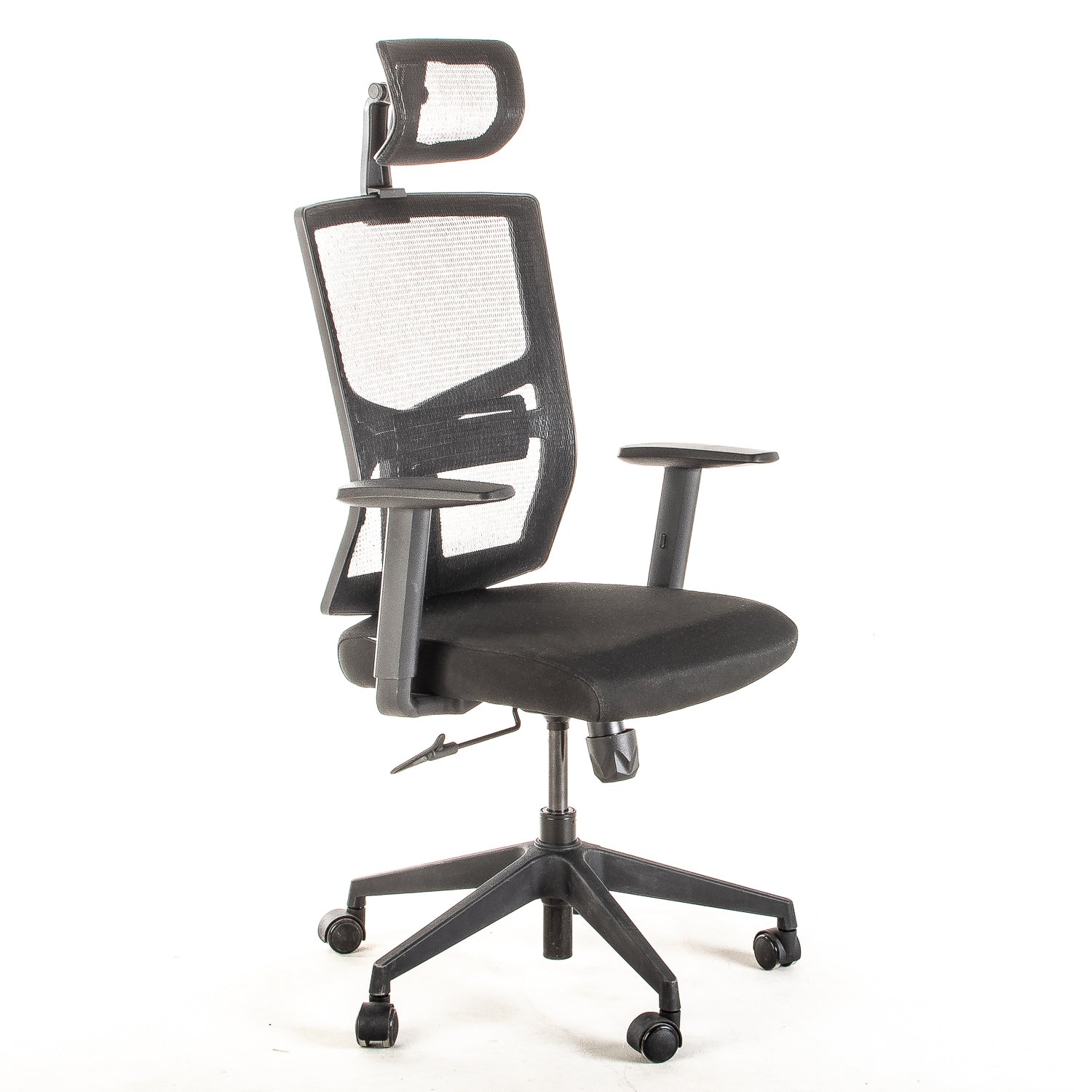 Silla operativa ergonómica con respaldo de malla BIT-2 Reclinable con Cabecero y Apoyo Lumbar Regulable vista escorso.