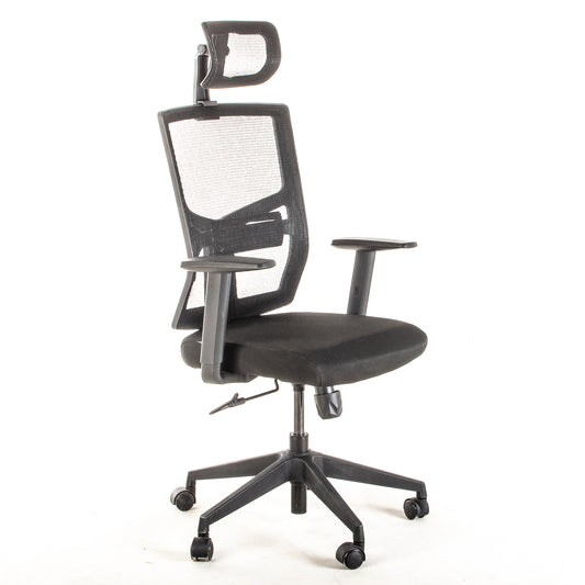 Silla operativa ergonómica con respaldo de malla BIT-2 Reclinable con Cabecero y Apoyo Lumbar Regulable vista escorso.