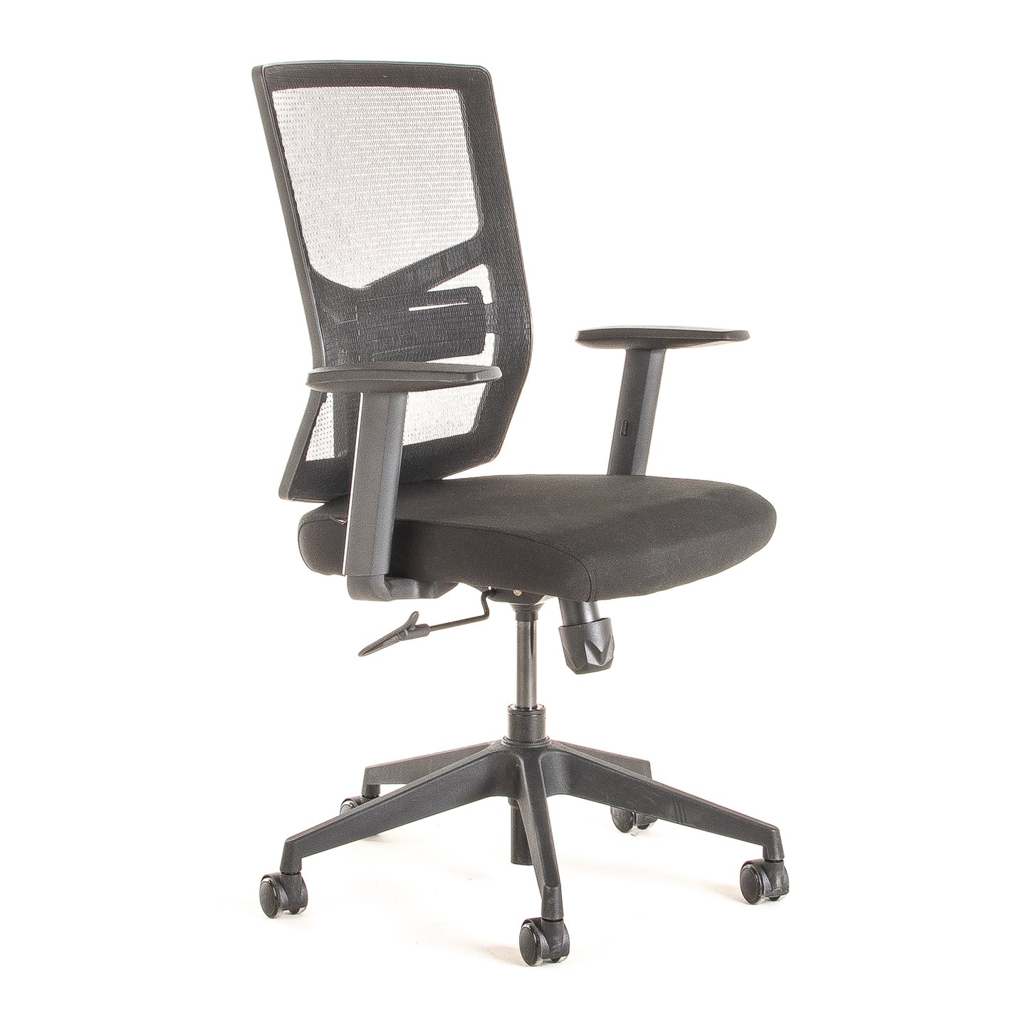 Silla operativa ergonómica reclinable con respaldo de malla BIT-2 con Apoyo Lumbar Regulable vista escorso.