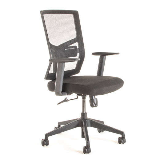 Silla operativa ergonómica reclinable con respaldo de malla BIT-2 con Apoyo Lumbar Regulable vista escorso.