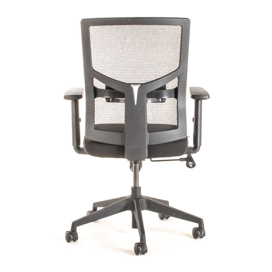 Silla operativa ergonómica reclinable con respaldo de malla BIT-2 con Apoyo Lumbar Regulable vista trasera.