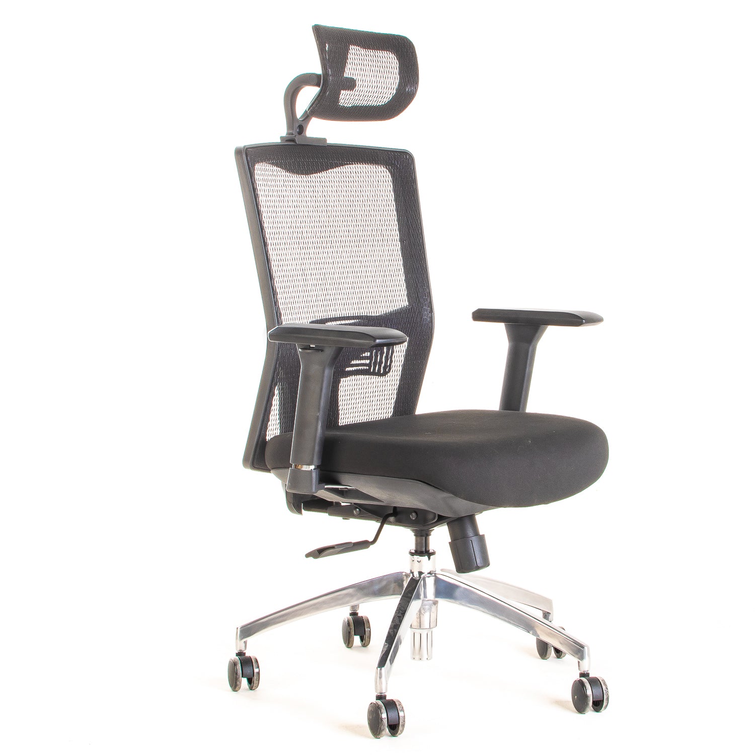 Silla ejecutiva ergonómica sincrónica con respaldo de malla y apoyo lumbar Maska-1 con Cabecero vista escorso