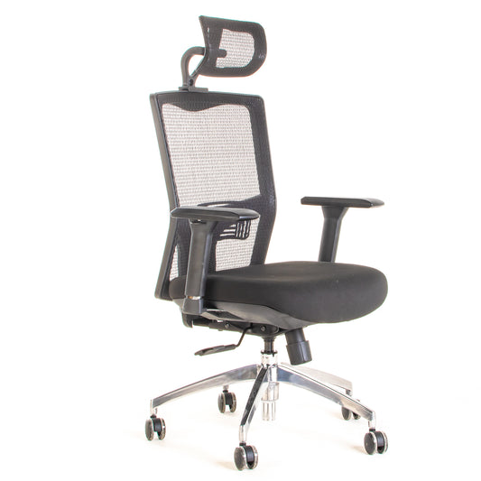 Silla ejecutiva ergonómica sincrónica con respaldo de malla y apoyo lumbar Maska-1 con Cabecero vista escorso