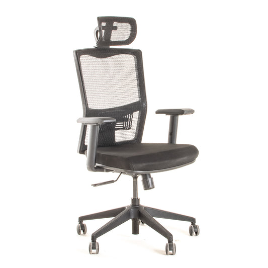 Silla ejecutiva ergonómica sincrónica con respaldo de malla y apoyo lumbar Maska-2 con Cabecero vista escorso