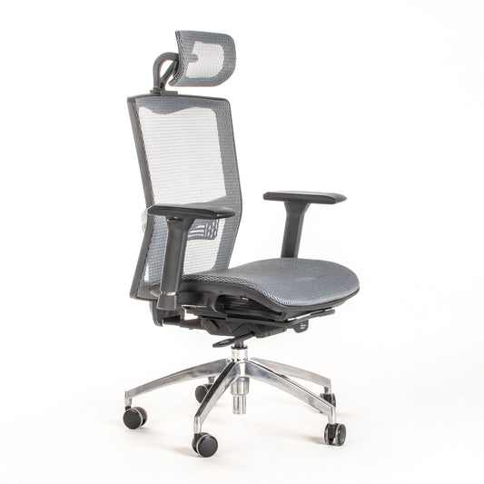 Silla ejecutiva ergonómica sincrónica con respaldo de malla y apoyo lumbar Maska-X con Cabecero vista escorso