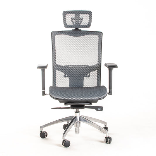 Silla ejecutiva ergonómica sincrónica con respaldo de malla y apoyo lumbar Maska-X con Cabecero vista frente