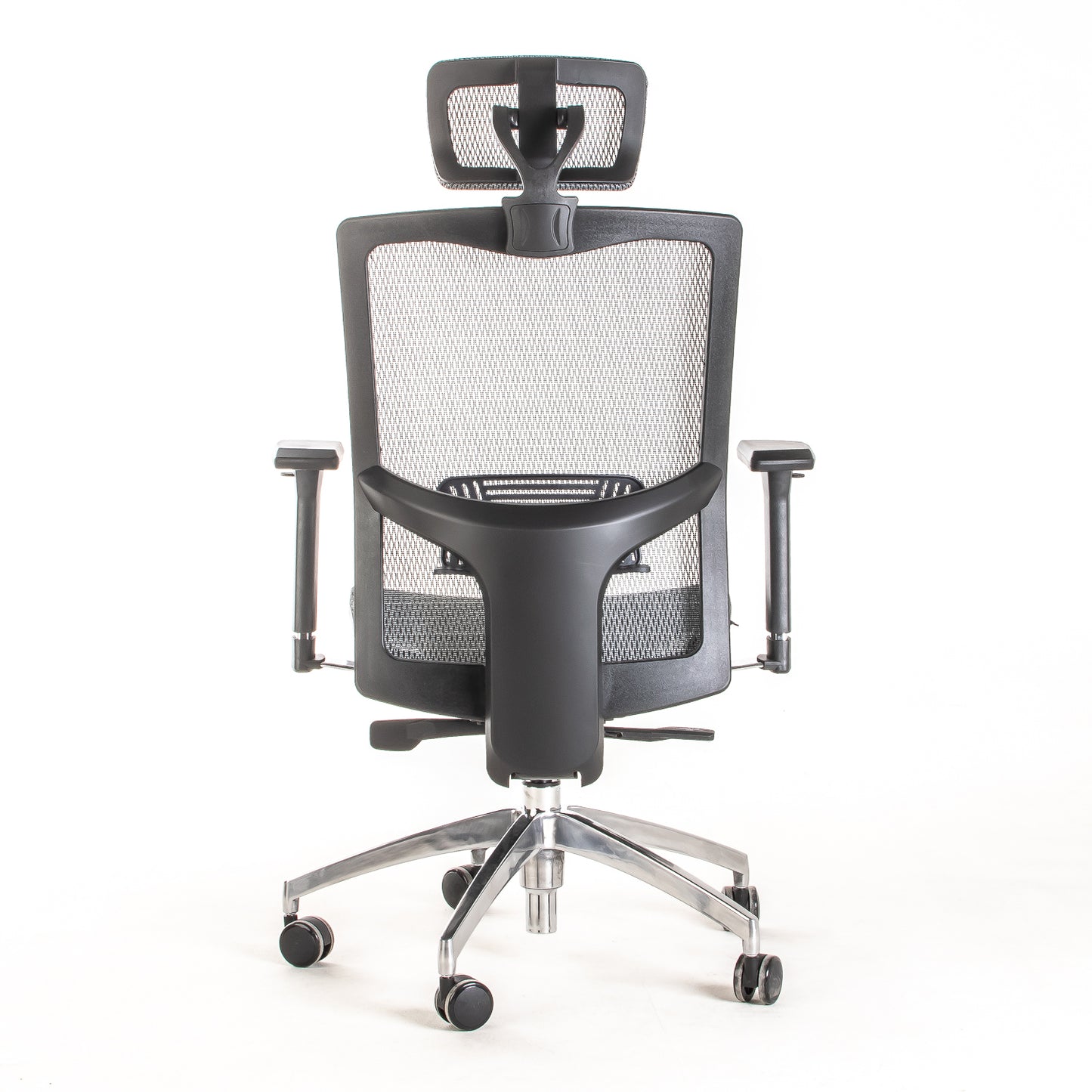 Silla ejecutiva ergonómica sincrónica con respaldo de malla y apoyo lumbar Maska-X con Cabecero vista trasera