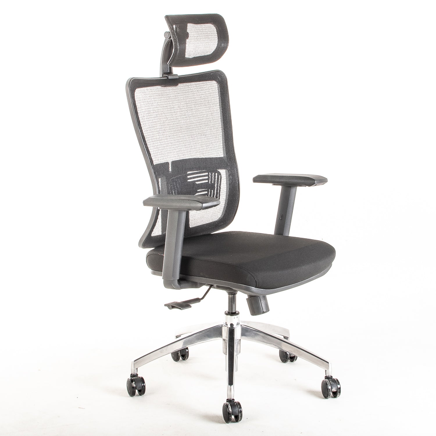 Silla ejecutiva ergonómica con respaldo de malla y apoyo lumbar STARK-1 Sincrónica con Cabecero vista escorso