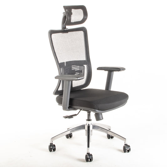 Silla ejecutiva ergonómica con respaldo de malla y apoyo lumbar STARK-1 Sincrónica con Cabecero vista escorso