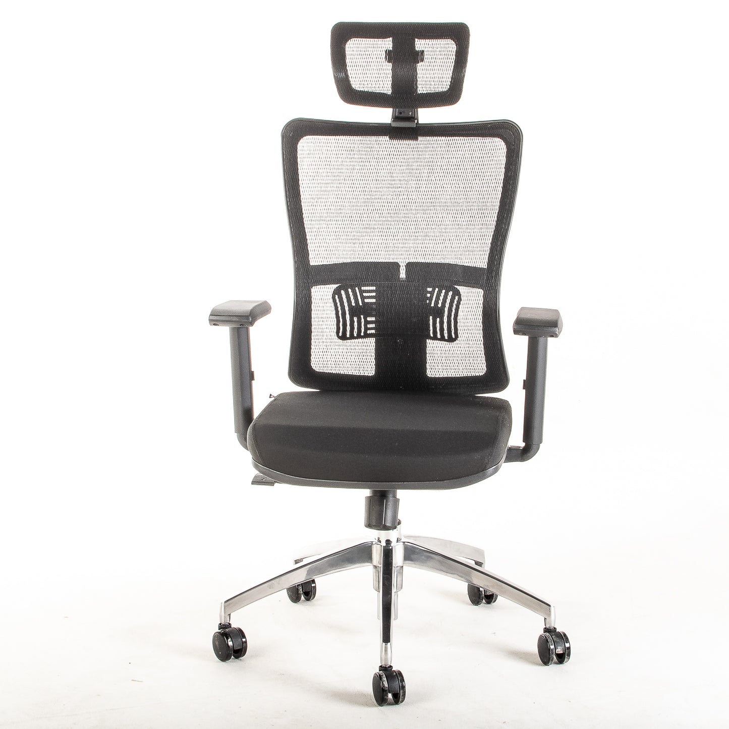 Silla ejecutiva ergonómica con respaldo de malla y apoyo lumbar STARK-1 Sincrónica con Cabecero vista frente.
