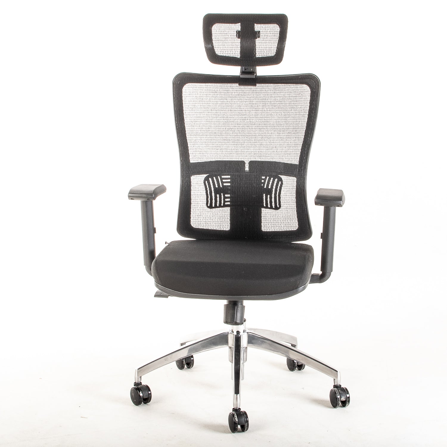 Silla ejecutiva ergonómica con respaldo de malla y apoyo lumbar STARK-1 Sincrónica con Cabecero vista frente.