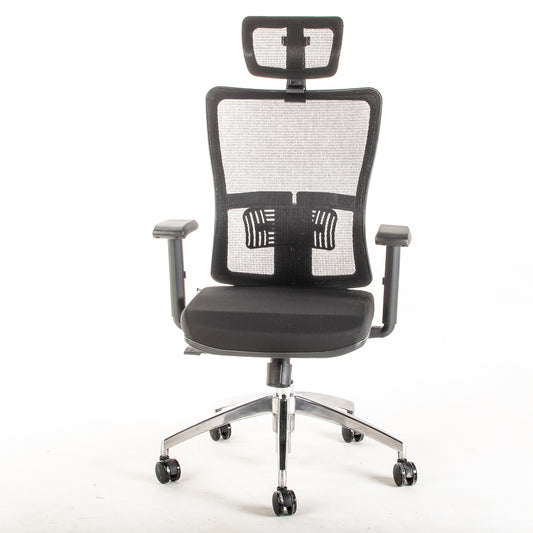 Silla ejecutiva ergonómica con respaldo de malla y apoyo lumbar STARK-1 Sincrónica con Cabecero vista frente.