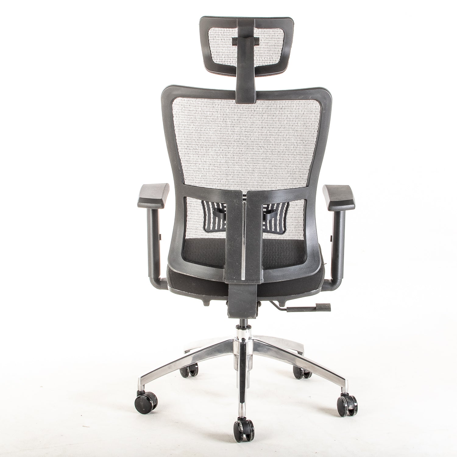 Silla ejecutiva ergonómica con respaldo de malla y apoyo lumbar STARK-1 Sincrónica con Cabecero vista trasera.