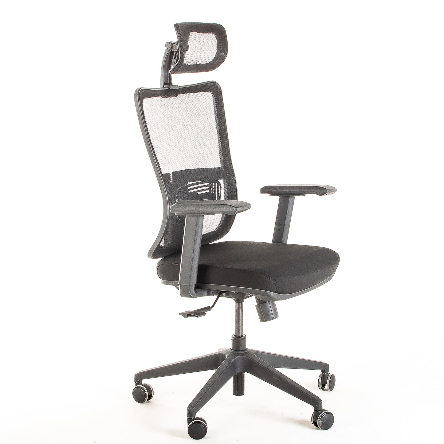 Silla ejecutiva ergonómica con respaldo de malla y apoyo lumbar STARK-2 Sincrónica con Cabecero vista escorso.