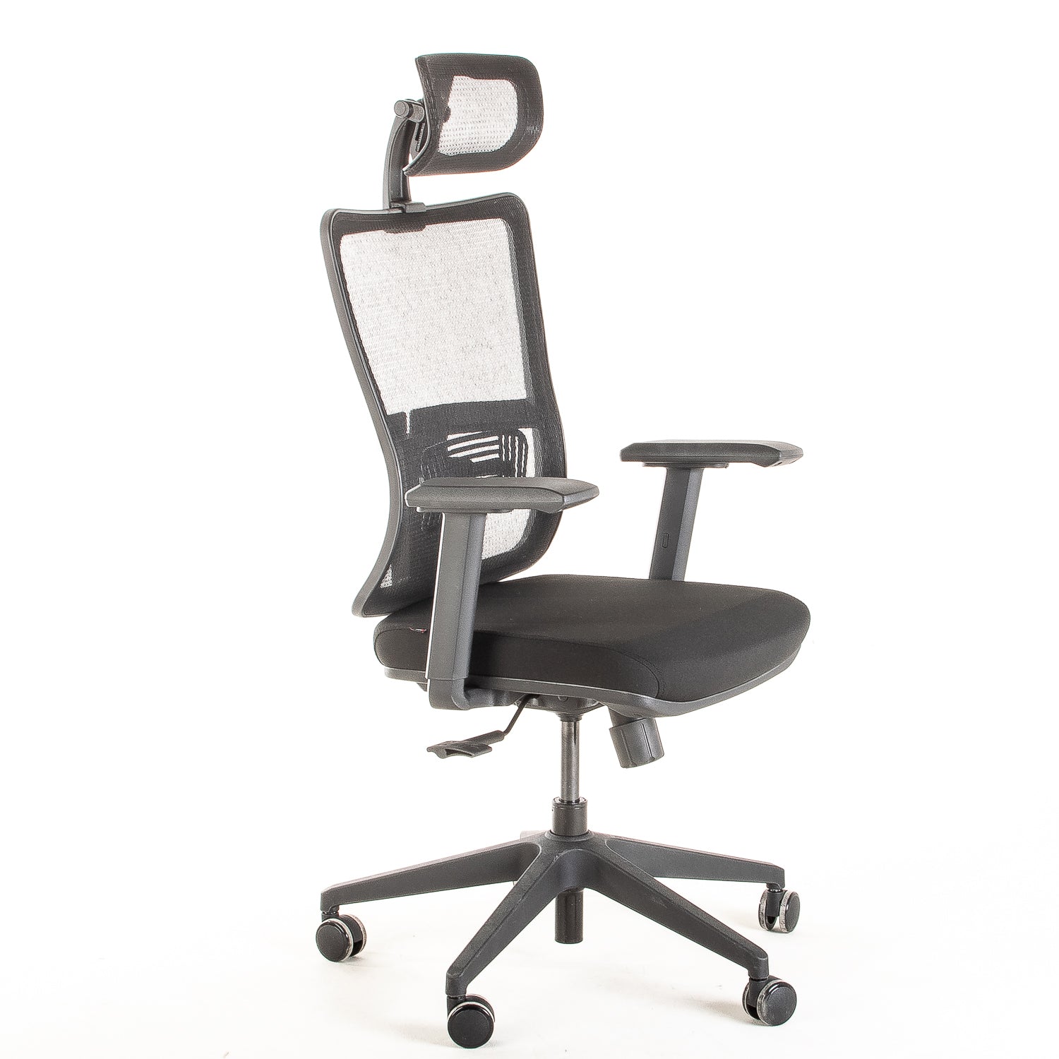 Silla ejecutiva ergonómica con respaldo de malla y apoyo lumbar STARK-2 Sincrónica con Cabecero vista escorso.