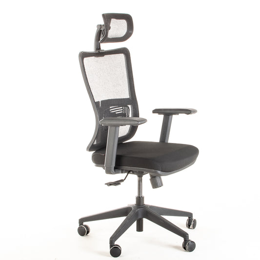 Silla ejecutiva ergonómica con respaldo de malla y apoyo lumbar STARK-2 Sincrónica con Cabecero vista escorso.