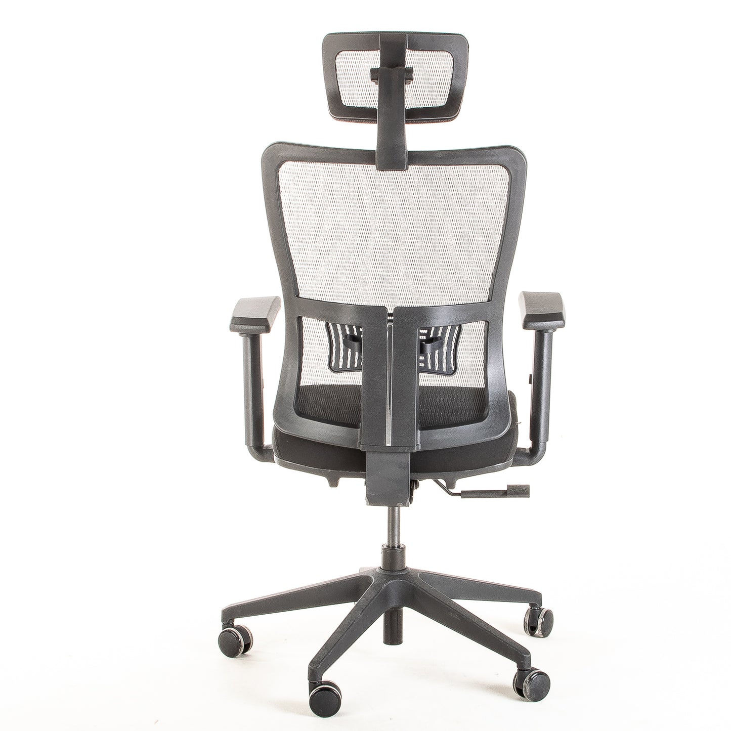 Silla ejecutiva ergonómica con respaldo de malla y apoyo lumbar STARK-2 Sincrónica con Cabecero vista trasera.