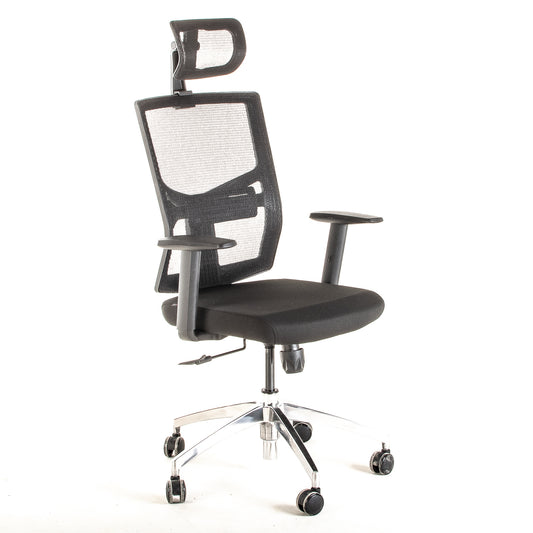 Silla operativa ergonómica reclinable con respaldo de malla BIT-1 con Cabecero y Apoyo Lumbar Regulable vista escorso.