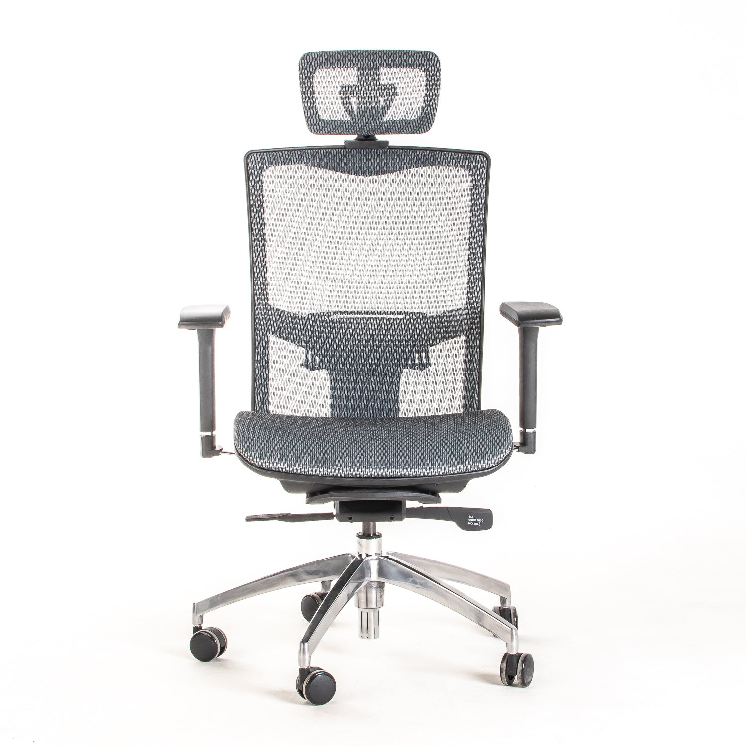 Silla ejecutiva ergonómica sincrónica con respaldo de malla y apoyo lumbar Maska-X con Cabecero vista frente